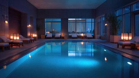 A serene indoor pool area showcasing soft lighting and modern lounge furniture. Ideal for relaxation and wellness retreat, perfect for leisure and tranquility.の素材