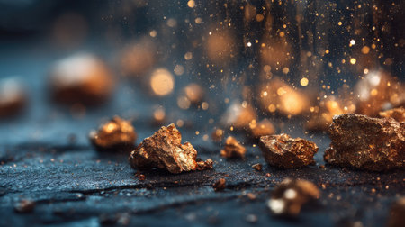 Close-up view of glimmering gold dust and rough rocks on a dark surface, enhanced by shimmering particles of light, creating an enchanting atmosphere.の素材