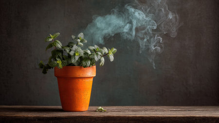 A striking still life of a potted mint plant releasing ethereal smoke. The earthy colors and soft textures create an inviting atmosphere perfect for culinary and interior decor themes.の素材