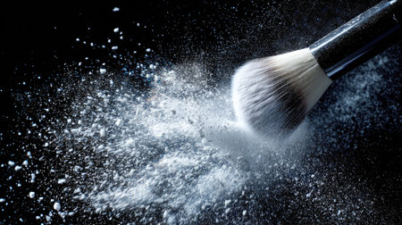 A close-up shot of a makeup brush applying loose powder, creating a dust effect against a striking black background, highlighting beauty and professionalism.の素材