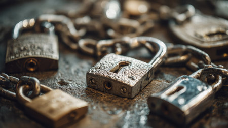 This image features a close-up view of vintage locks and chains resting on a rustic surface, showcasing intricate details and textures, perfect for themes of security, safety, and craftsmanship.の素材