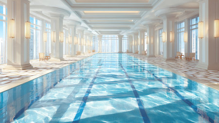 A stunning indoor swimming pool featuring luxurious design elements and ample natural light, creating a serene environment ideal for relaxation and fitness pursuits.の素材