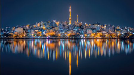 A stunning nighttime view of a city skyline, showcasing beautifully illuminated buildings and towers reflected on a calm water surface, creating a peaceful and vibrant atmosphere.の素材