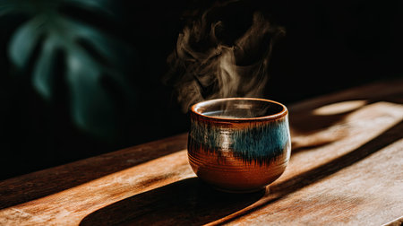 A serene scene featuring a steaming cup of coffee on a rustic wooden table, casting shadows and showcasing a cozy ambiance perfect for relaxation and comfort.の素材