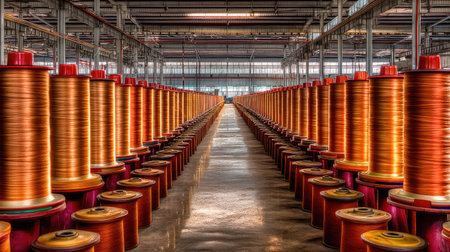Image of neatly arranged copper spools in an industrial manufacturing facility, showcasing an organized and efficient production environment.の素材