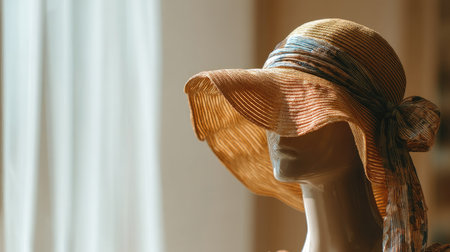 A beautiful sun hat shown on a mannequin, capturing soft natural light that creates inviting shadows. Ideal for fashion or lifestyle themes.の素材