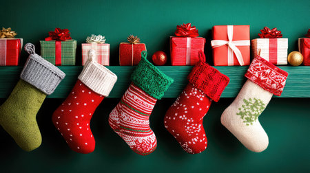 A vibrant display of colorful Christmas stockings hanging on a green shelf, surrounded by beautifully wrapped gifts and festive ornaments, creating a joyful holiday atmosphere.の素材