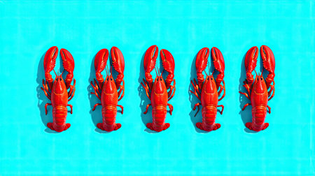 Brightly colored lobsters are arranged against a vibrant aqua background. This visually striking image showcases the delicacy and appeal of fresh seafood, perfect for culinary themes.の素材