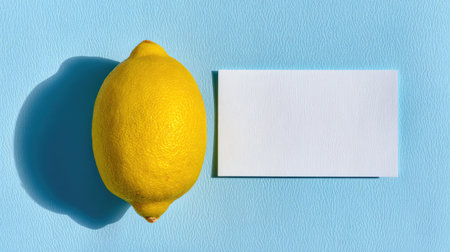 A vibrant yellow lemon sits next to a blank card on a soft blue background, ideal for health, nutrition themes, or culinary designs. Perfect for creative projects!の素材