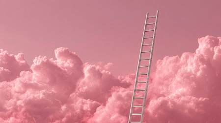 A whimsical scene featuring a white ladder extending towards pink clouds, evoking feelings of hope and aspiration. Ideal for creative projects or inspirational themes.の素材