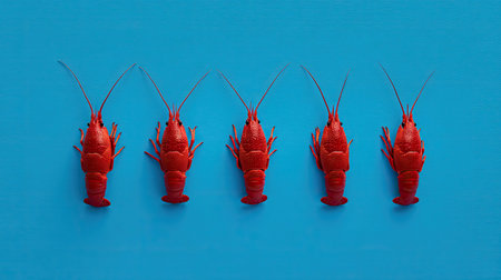 This striking image features five bright red lobsters arranged neatly against a vibrant blue background, perfect for seafood-related themes and culinary projects.の素材