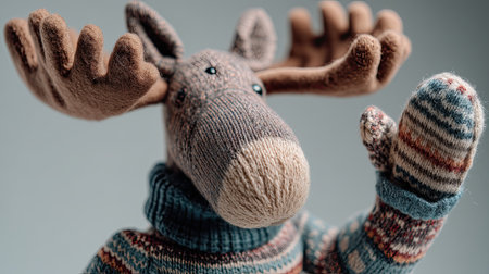 Adorable textile moose character features a cozy knitted sweater and waves cheerfully. Perfect for home decor, gifts, and adding a playful touch to any space.の素材