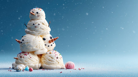 A playful arrangement of ice cream scoops crafted into snowmen. Delicate details such as sprinkles and candy accents create a festive winter treat.の素材