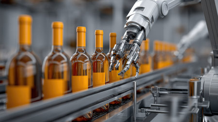 A robotic arm skillfully manages glass bottles on a conveyor in a modern warehouse setting, showcasing advanced technology and automated production processes.の素材