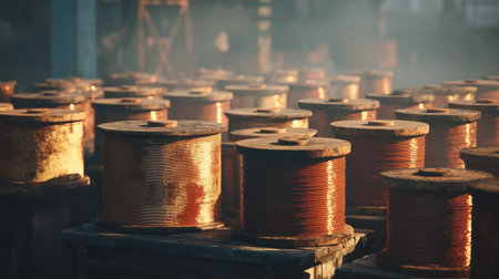 A captivating industrial scene featuring coiled wire spools in a workshop setting. The soft ambient light enhances the textures and colors, creating a unique atmosphere.の素材