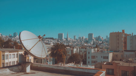 A picturesque rooftop scene featuring a satellite dish overlooking the stunning San Francisco skyline. The clear blue sky complements the vibrant urban landscape and palm trees.の素材