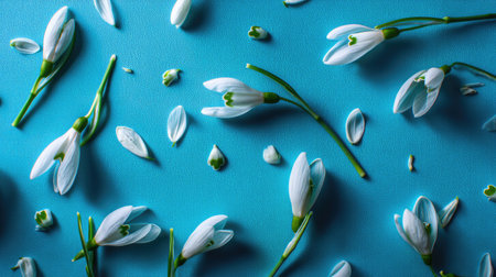A visually striking arrangement of delicate snowdrop flowers scattered on a radiant turquoise background, capturing the beauty of nature in a vibrant and fresh composition.の素材