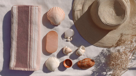 A serene flatlay featuring a striped beach towel, seashells, and a sunhat, creating a peaceful and stylish atmosphere perfect for summer relaxation.の素材