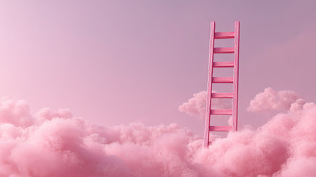 A whimsical pink ladder rises from fluffy clouds in a dreamy sky. This surreal image captures a sense of hope, aspiration, and creative imagination.の素材