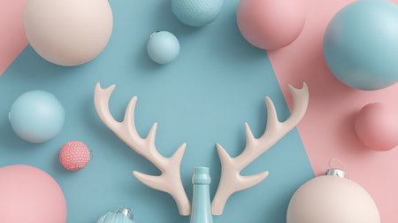 Delight in this whimsical flatlay of pastel Christmas ornaments and antlers, elegantly arranged on a pink and blue background, perfect for holiday festivities.の素材