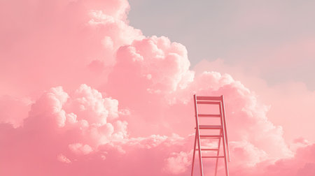 A surreal scene featuring a ladder leaning against fluffy pink clouds. This dreamy image captures a sense of hope, creativity, and imagination in a pastel sky.の素材
