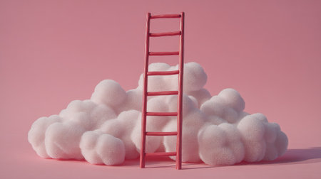 This whimsical image features a red ladder ascending through fluffy pink clouds. It symbolizes aspiration and creativity in a soft and dreamy setting.の素材