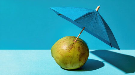 A vibrant green apple sits under a small blue umbrella against a bright aqua background, creating a playful and sunny composition perfect for summer themes.の素材