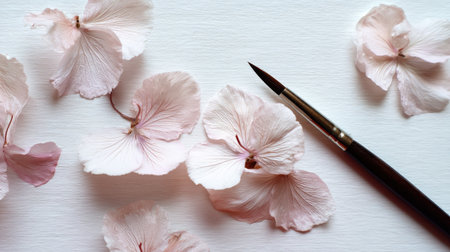 Beautiful arrangement of soft pink flower petals alongside an artist brush. Ideal for art, nature, beauty, and creative projects, enhancing visual appeal.の素材