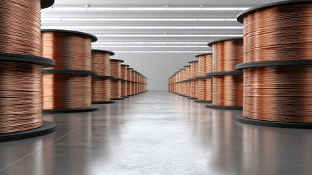 A modern industrial warehouse featuring numerous copper wire spools organized in a symmetrical layout, showcasing a well-lit environment ideal for manufacturing and storage.の素材