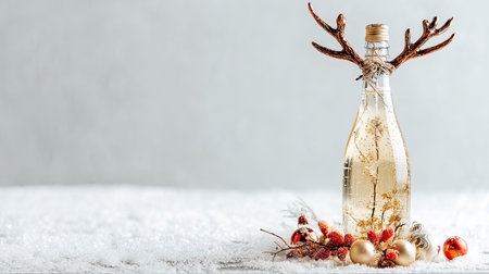 A beautifully arranged festive beverage bottle with antlers, surrounded by ornaments and seasonal decorations on a snowy surface, creating a joyful holiday atmosphere.の素材