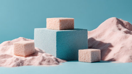 This captivating image features soft blocks in pastel colors resting on a sandy background. Ideal for modern art projects or design inspiration.の素材