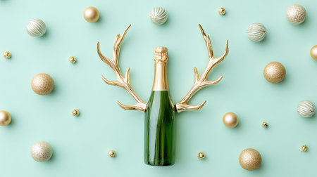 A beautifully arranged champagne bottle with golden antlers sits among festive ornaments on a teal background, perfect for holiday celebrations and joyous events.の素材