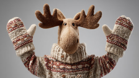 This delightful moose character features a knit sweater and mittens, exuding warmth and playfulness. Perfect for winter-themed art or festive designs.の素材
