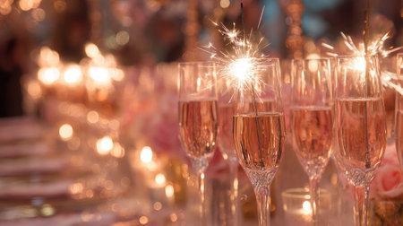 An elegant table setting featuring glasses of sparkling wine adorned with sparklers, perfect for celebrations. This image captures a festive and romantic atmosphere ideal for events.の素材