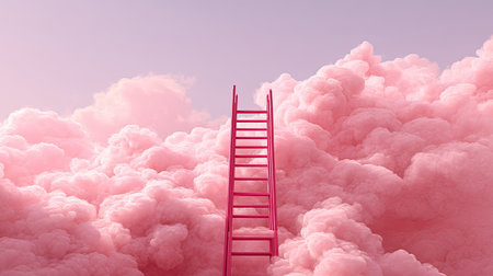 A surreal image featuring a pink ladder rising through fluffy pink clouds under a soft pastel sky, evoking feelings of whimsy and imagination.の素材