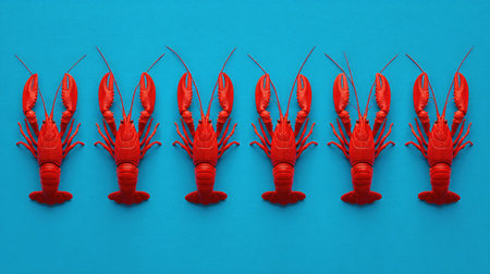 A captivating arrangement of bright red lobsters displayed on a vibrant blue background, perfect for culinary and seafood-themed projects.の素材