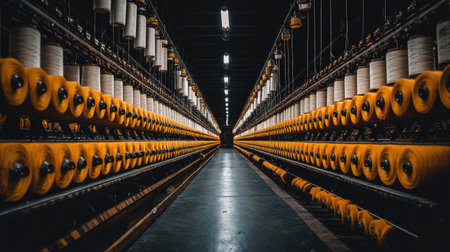 This stunning image captures the interior of an industrial spinning mill, showcasing rows of spools of yarn on machines, emphasizing the organized layout and vibrant yellow colors.の素材