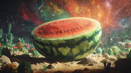 A stunning surreal scene featuring a large watermelon set against a cosmic landscape filled with vibrant galaxies. A blend of color and imagination.の素材