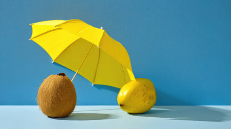 A fun and vibrant still life composition featuring a kiwi and a lemon sheltered under a bright yellow umbrella, set against a calming blue background.の素材