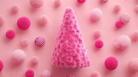 A whimsical arrangement of pink pom poms and a textured tree on a soft pink background. Perfect for festive and playful design themes in creative projects.の素材