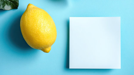 A vibrant yellow lemon sits beside a blank piece of paper on a soft blue background, ideal for creative concepts, cooking ideas, or refreshing themes in photography.の素材