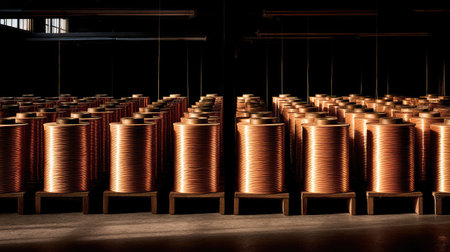 Rows of copper wire spools are arranged in a dimly lit industrial warehouse. The interplay of light and shadow highlights the textures and shine of the metal, creating a striking visual for various applications.の素材