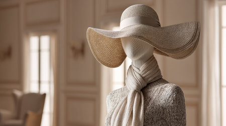 This image showcases a beautifully styled straw hat paired with a soft scarf on a mannequin, set against a refined interior backdrop, highlighting elegance and fashion.の素材