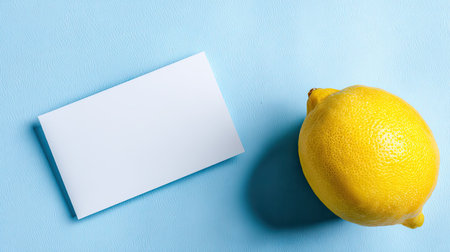 A vibrant lemon next to a blank card on a soft blue background. Ideal for creative projects, food blogs, or minimalistic designs that emphasize freshness and simplicity.の素材