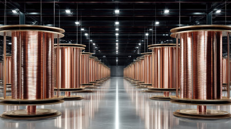 Expansive view of copper wire spools arranged neatly in an industrial warehouse. The setting highlights modern manufacturing and storage practices.の素材