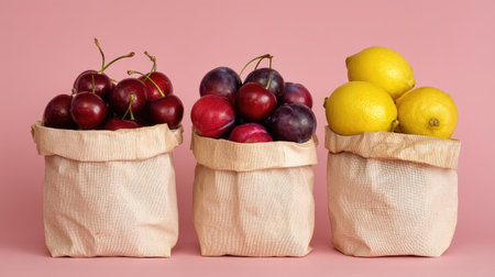 A beautiful arrangement of fresh cherries, plums, and lemons in fabric bags on a pink background. Perfect for showcasing healthy eating and vibrant food photography.の素材