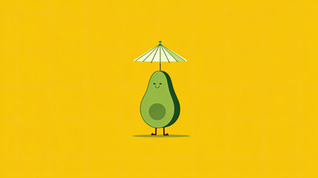 This adorable avocado character stands with a smile under an umbrella against a vibrant yellow background, perfect for fun and cheerful design themes.の素材