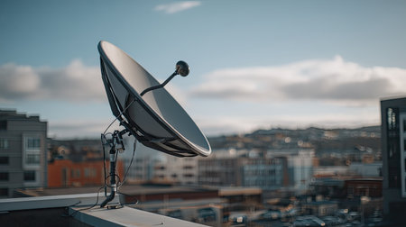 A sleek satellite dish stands on a rooftop overlooking a vibrant cityscape. Urban buildings and a clear sky fill the background, illustrating modern technology.の素材