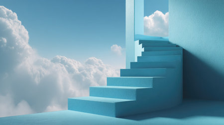 A striking staircase ascends through a soft cloudscape, framed by soothing blue walls. This composition evokes a feeling of tranquility and endless possibilities.の素材
