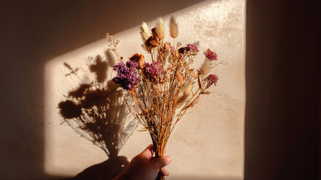 A hand holds a vibrant dried flower bouquet against a textured wall, casting intricate shadows in warm sunlight. This captures a peaceful, artistic moment.の素材